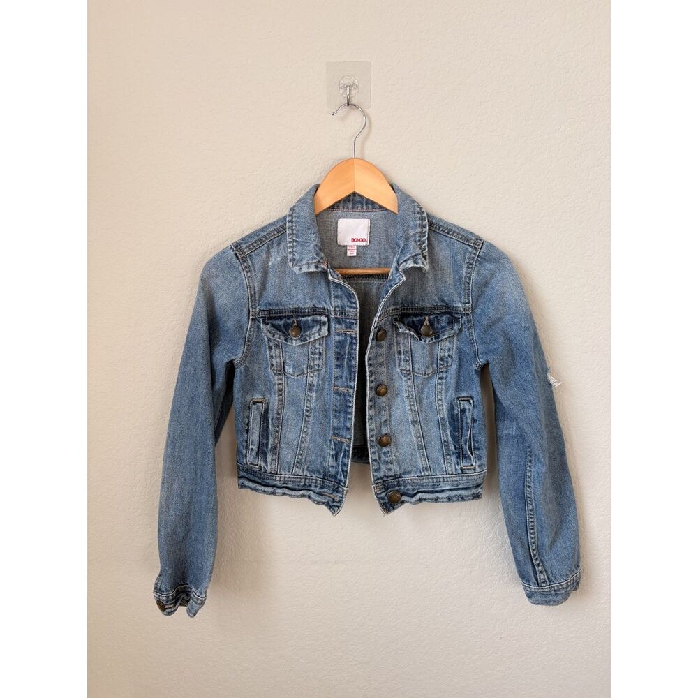 Bongo Distressed Cropped Denim Jacket, Pink Accent Stitching, S